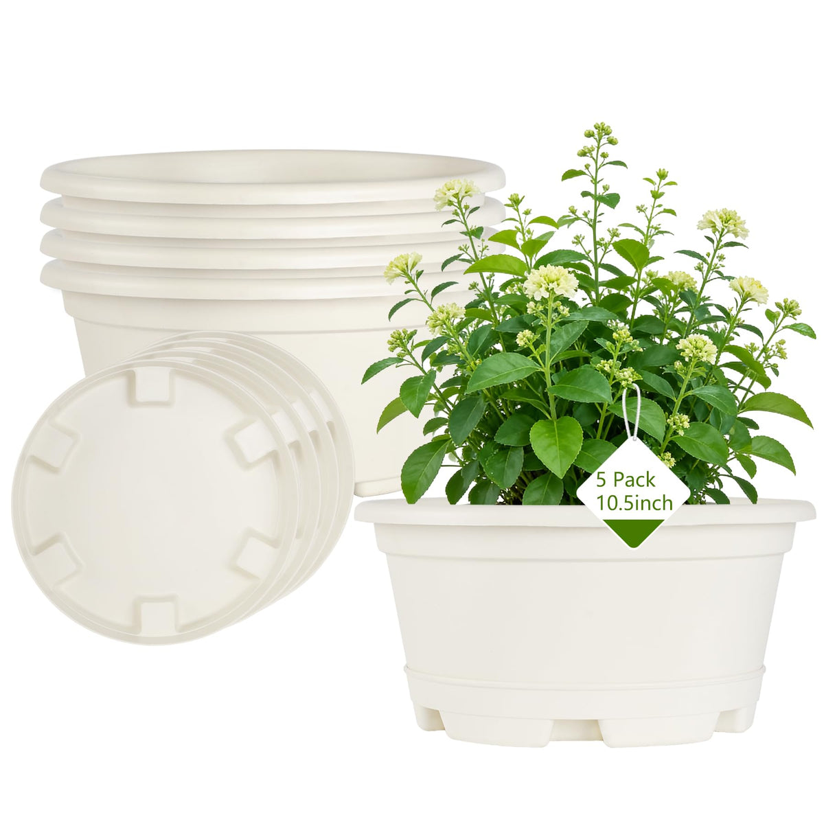 KPUVX 5-pack 10.5-inch plant pots for versatile indoor and outdoor planting.
