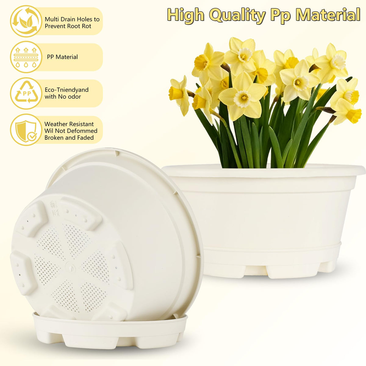 KPUVX plastic plant pots with removable saucers to catch overflow.