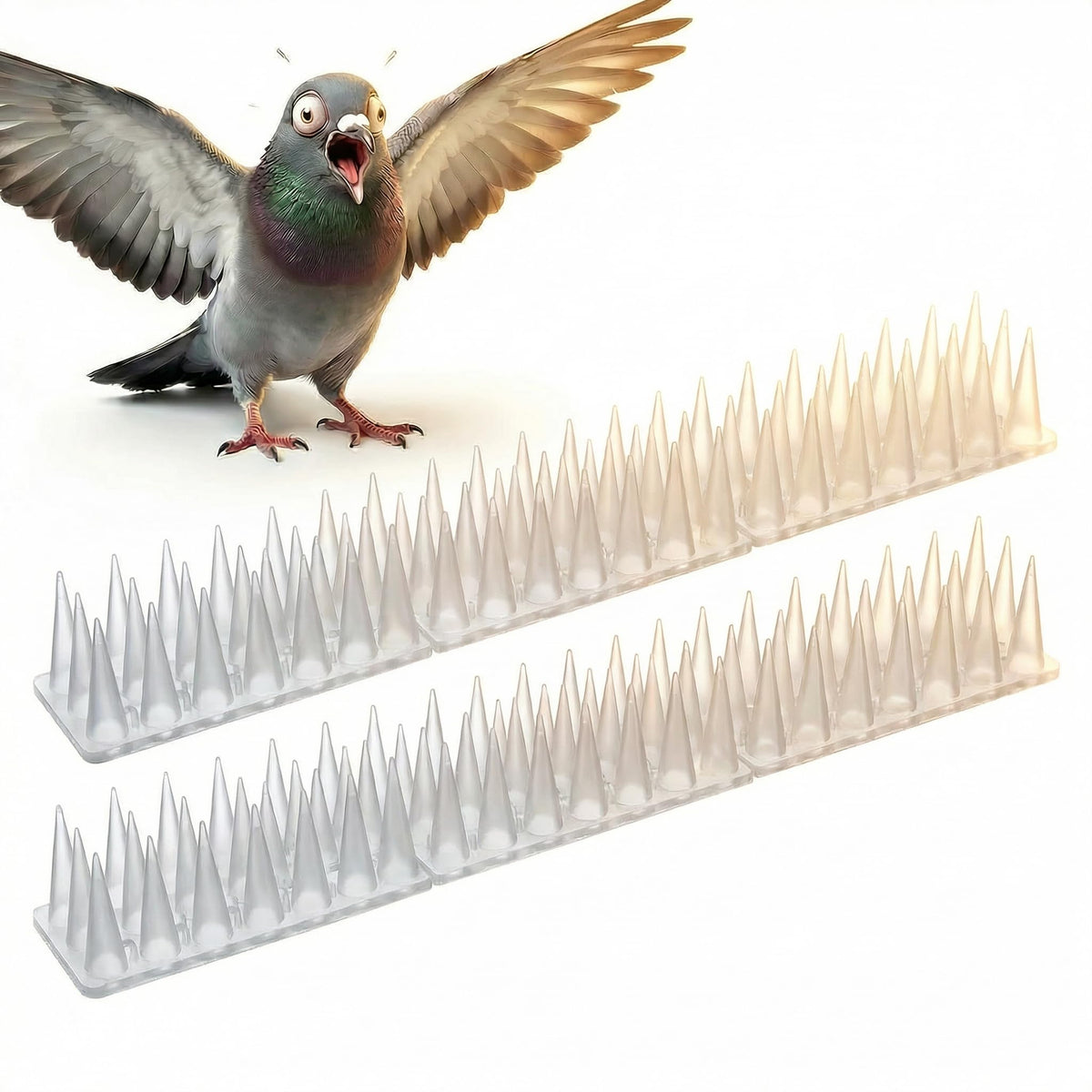 KraAra bird spikes six-pack white installed on a roof ledge for humane deterrence.
