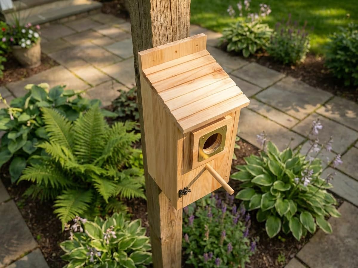 KraAra birdhouse front-opening door for easy seasonal cleaning