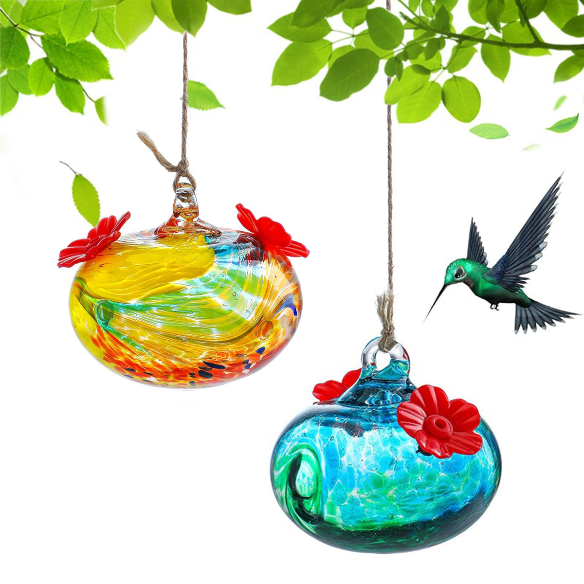 KRISININE 2-pack blown glass hummingbird feeders for outdoors attract hummingbirds