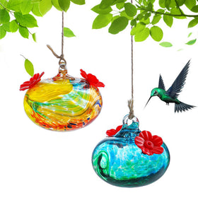 KRISININE 2-pack blown glass hummingbird feeders for outdoors attract hummingbirds