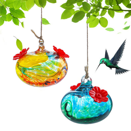 KRISININE 2-pack blown glass hummingbird feeders for outdoors attract hummingbirds