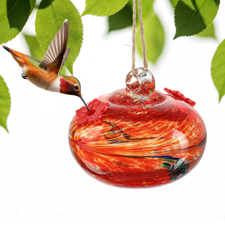 KRISININE 3-inch hand blown glass hummingbird feeder close-up invites vibrant nectar sips.