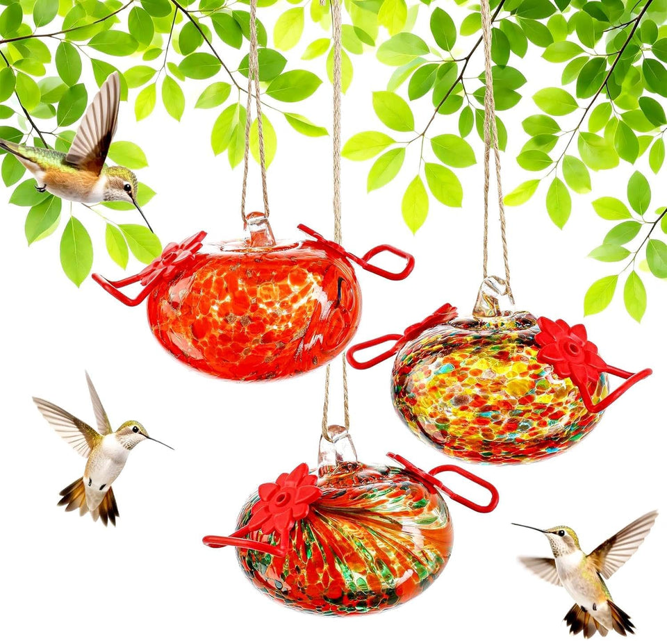 KRISININE blown glass hummingbird feeder 3-pack ready to hang, enhancing outdoor bird watching.