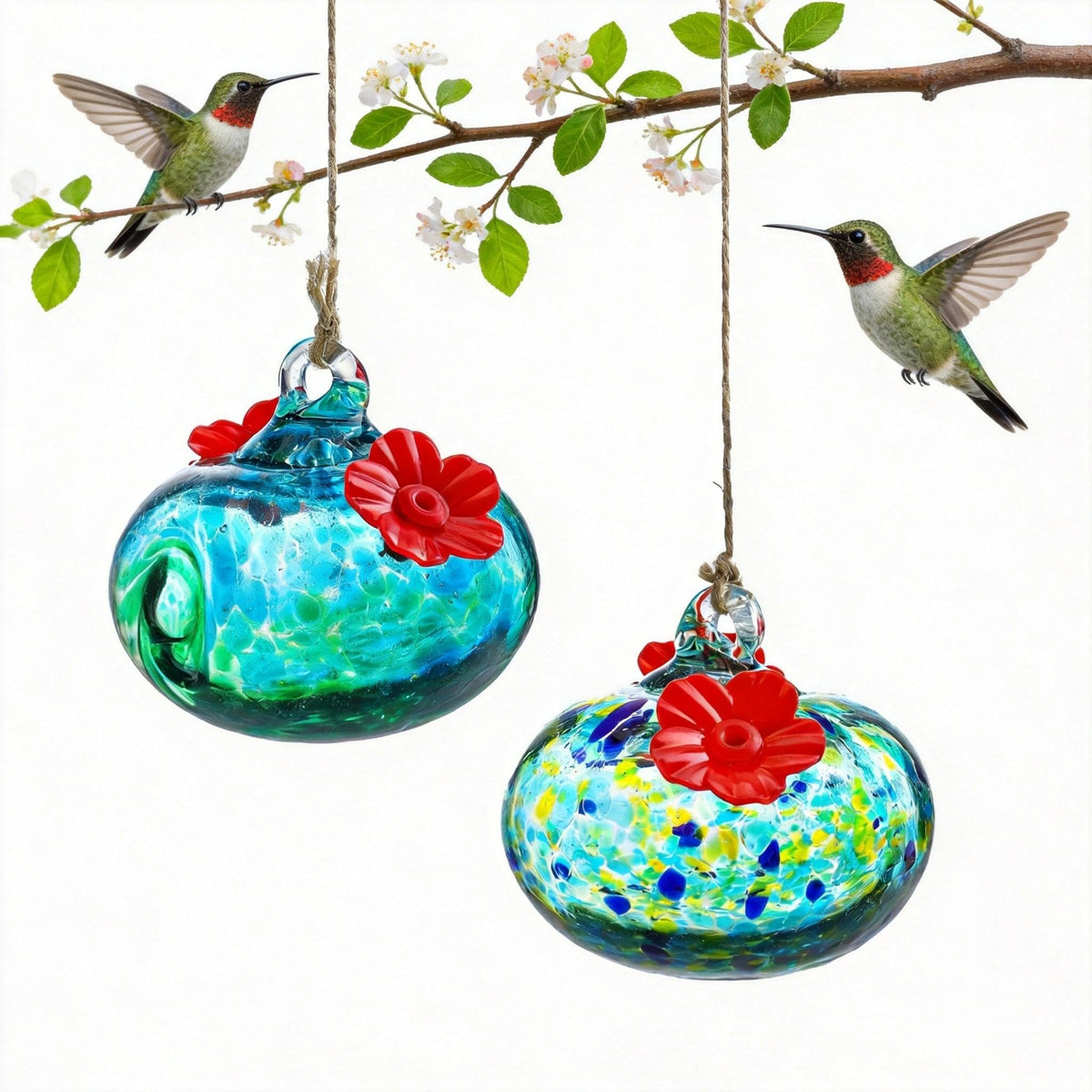 KRISININE glass hummingbird feeder with dual ports attracts birds to your outdoor space.