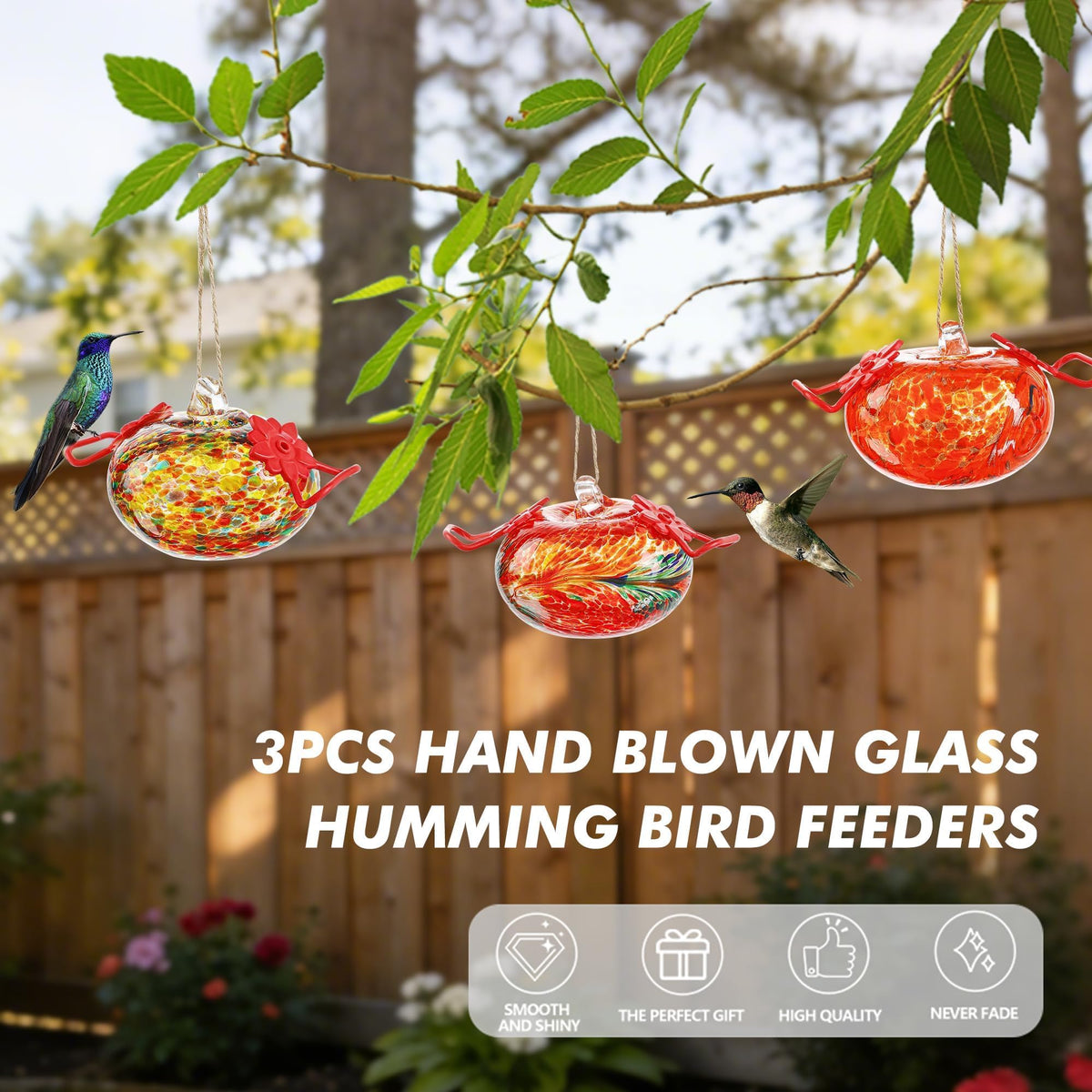 KRISININE glass hummingbird feeder 3.3 oz capacity with two red ports attracts visits.