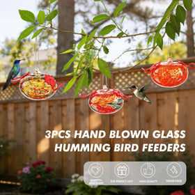 KRISININE glass hummingbird feeder 3.3 oz capacity with two red ports attracts visits.