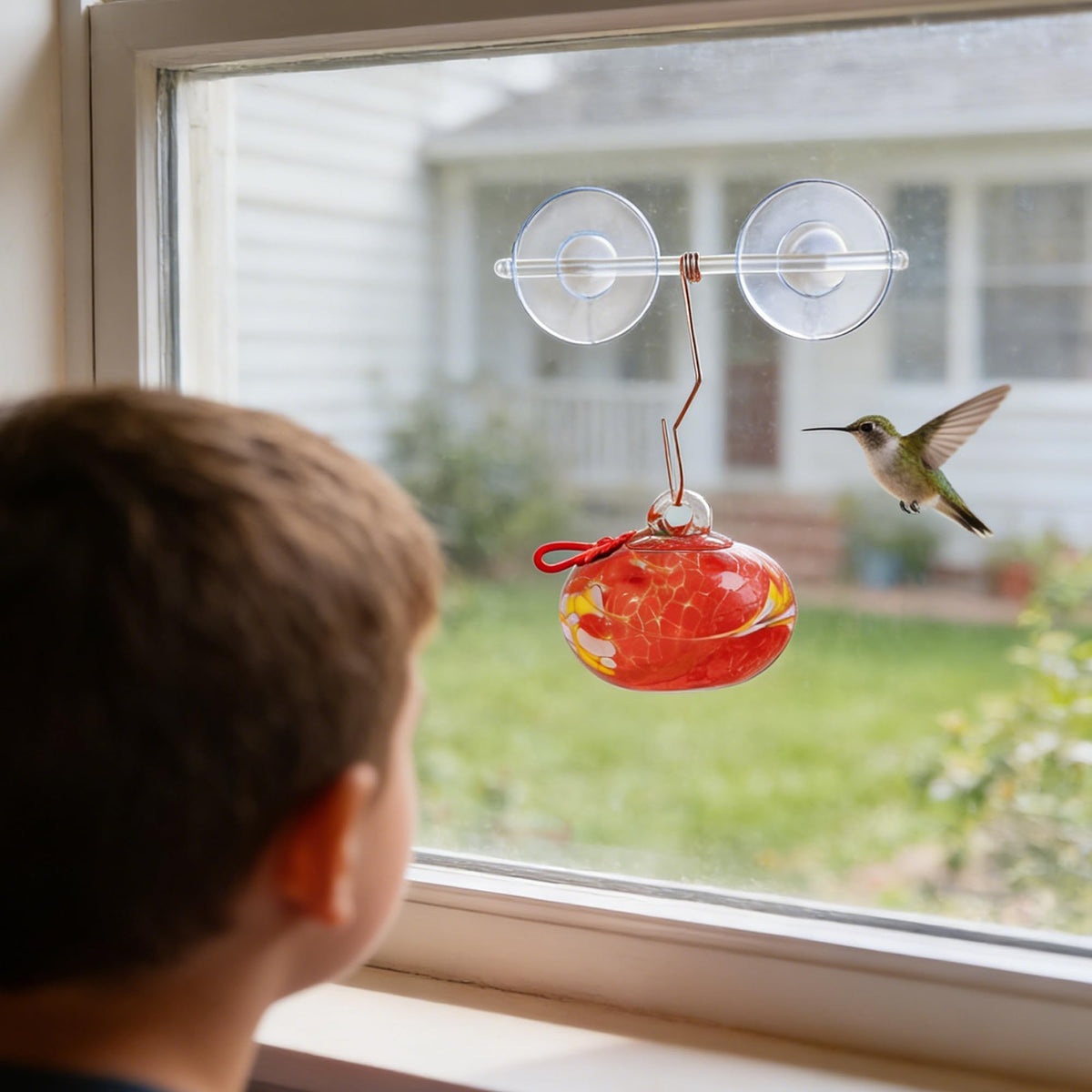 KRISININE hand blown glass feeder vivid red shade enhances outdoor garden display