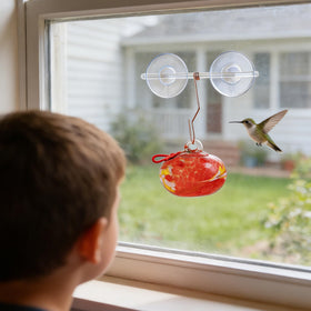 KRISININE hand blown glass feeder vivid red shade enhances outdoor garden display