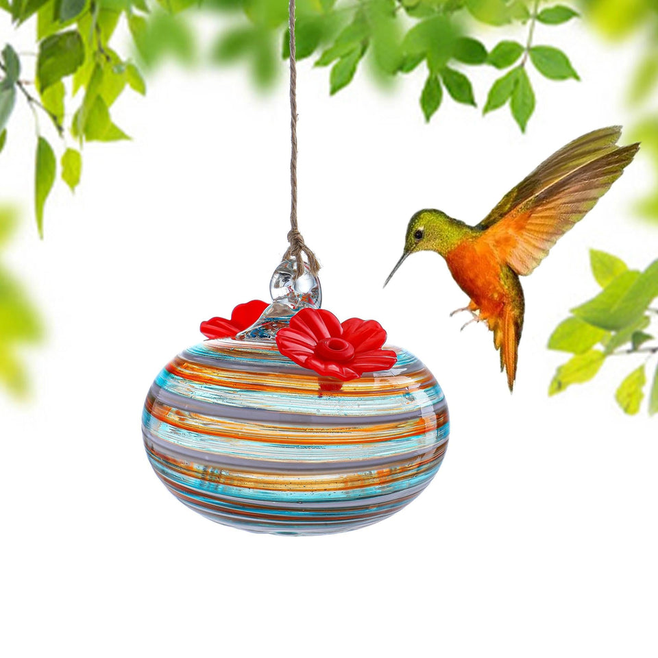 KRISININE small hand-blown glass hummingbird feeder hanging with two ports.