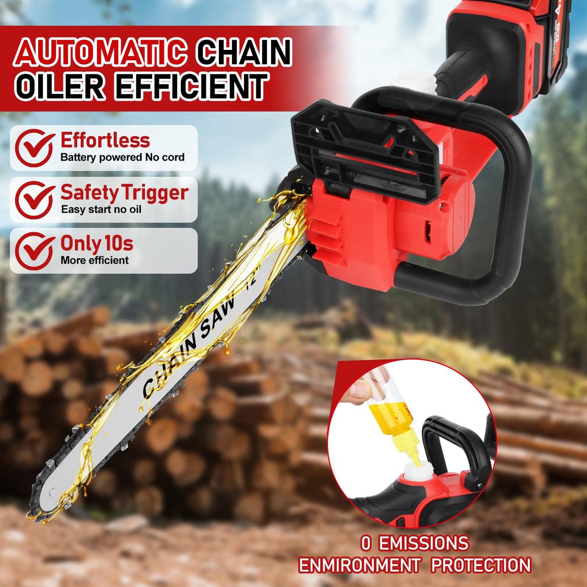 Krodrch mini chainsaw auto-oiler maintains smooth cuts during use.