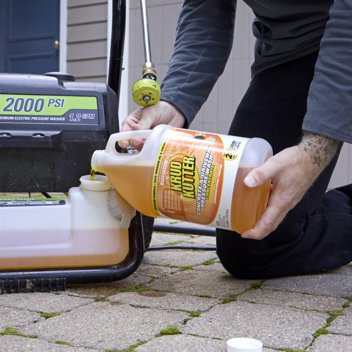 Krud Kutter cleans concrete surfaces after treatment, restoring brightness