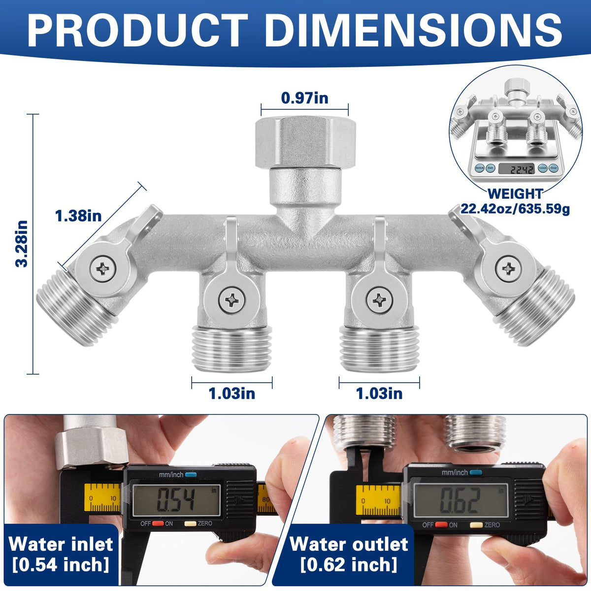 Kruuvax stainless steel 4-way splitter side view showing robust construction.