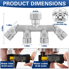 Kruuvax stainless steel 4-way splitter side view showing robust construction.