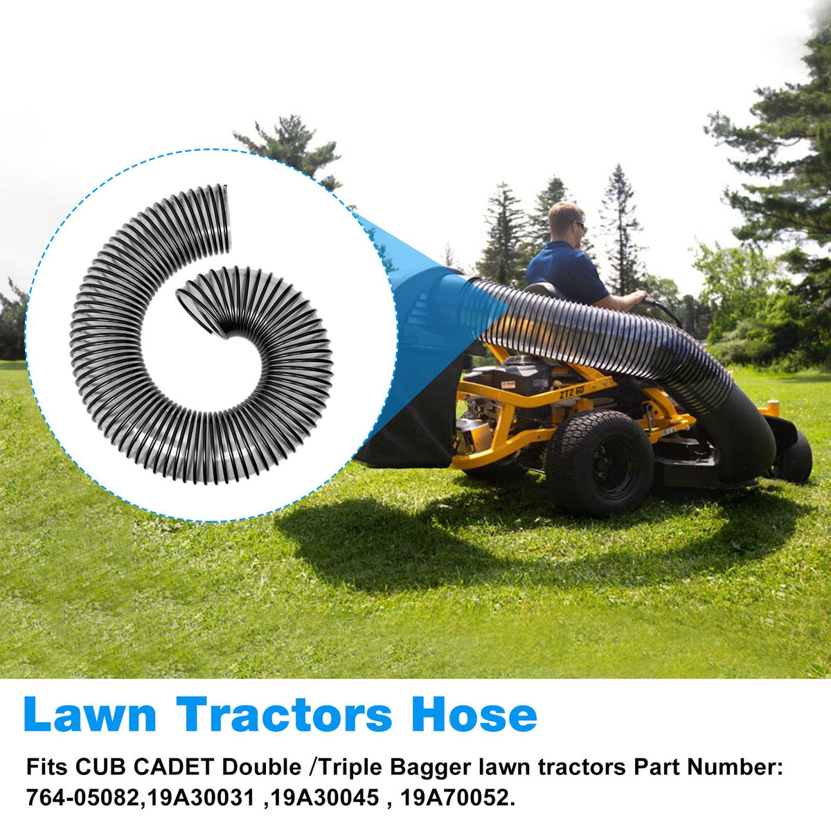 Kscjdg Bagger Flex Hose for Cub Cadet 36-inch bagger provides stretchable length for easy fit.