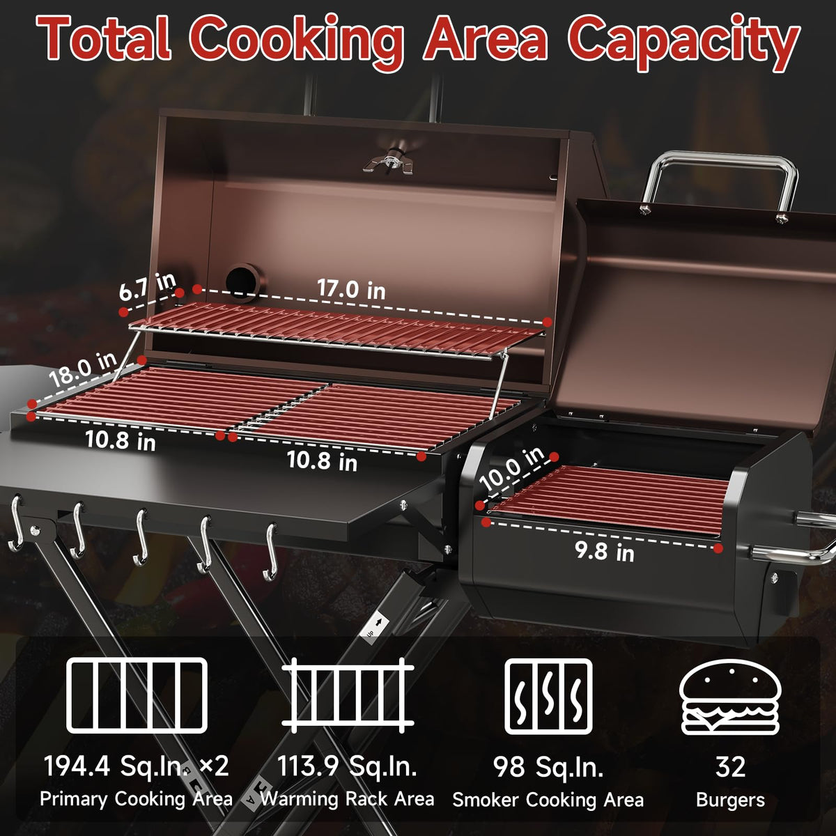 kscocinaBBQ smooth-rolling wheels and hooks for quick setup and tool access
