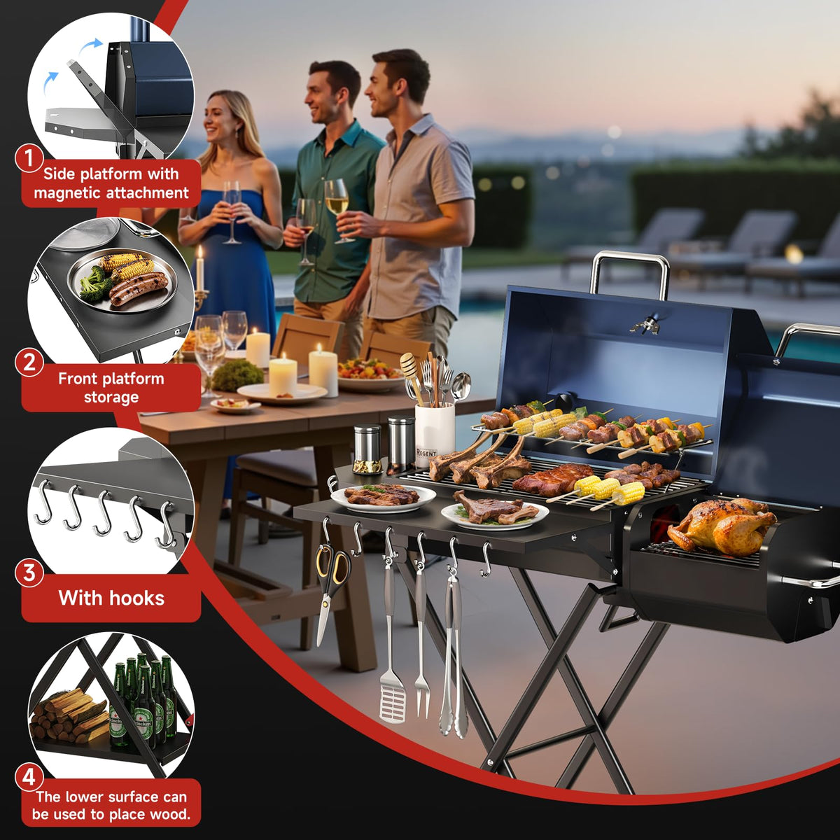 kscocinaBBQ side shelves and hooks support convenient tool placement