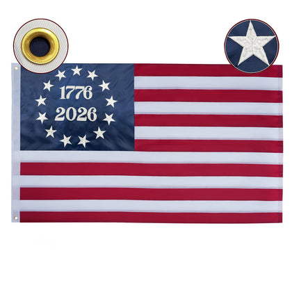 Ksheria 250th anniversary flag with embroidered stars, ideal for outdoor display and historic celebrations.