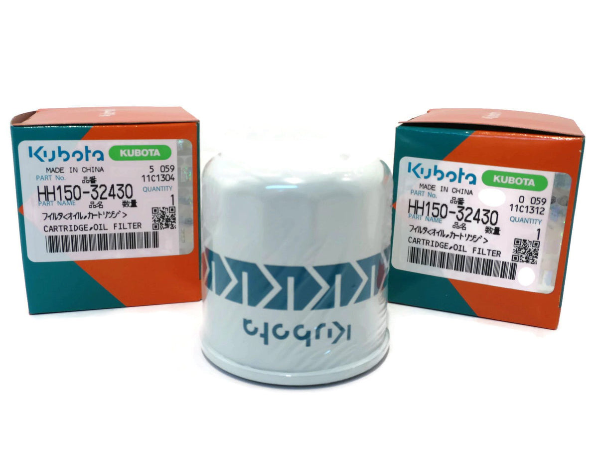 Kubota oil filter pair for HH150-32430; promotes clean oil and reliable engine protection.
