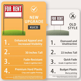 Kuco double-sided for rent sign closeup shows bold red contrast.