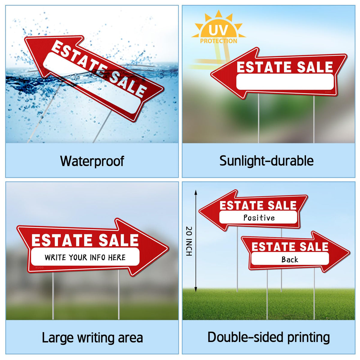 Kuco 17 by 6 inch estate signs for large yard sales.