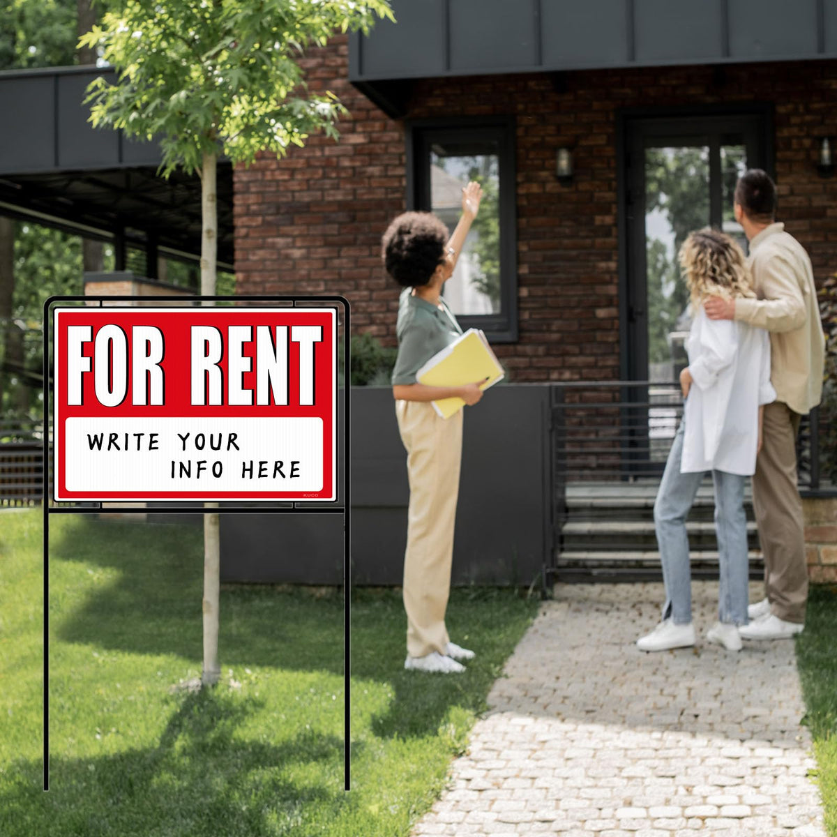 Kuco for rent sign red visibility area boosts eye-catching attention.