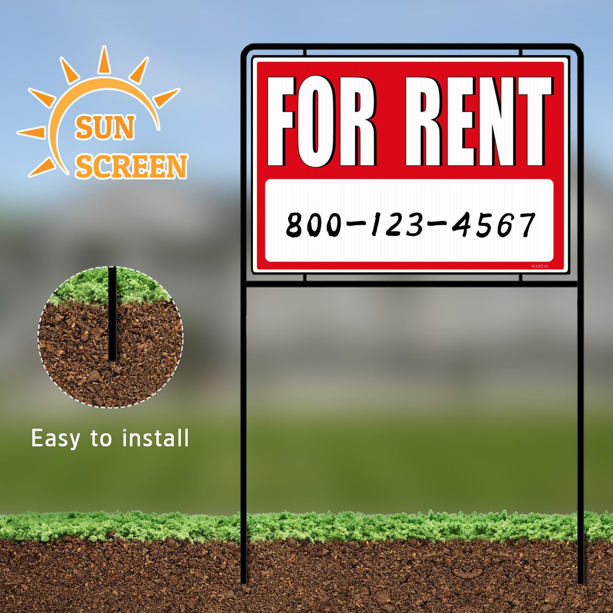 Kuco for rent sign stake 30-inch back view demonstrates durable, weather-ready design.