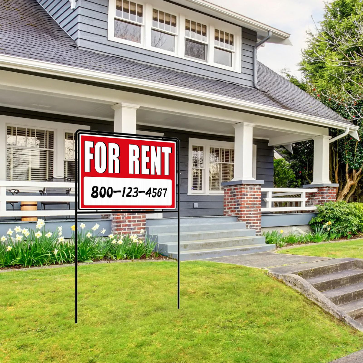 Kuco for rent sign stake installation illustrates quick, tool-free setup.