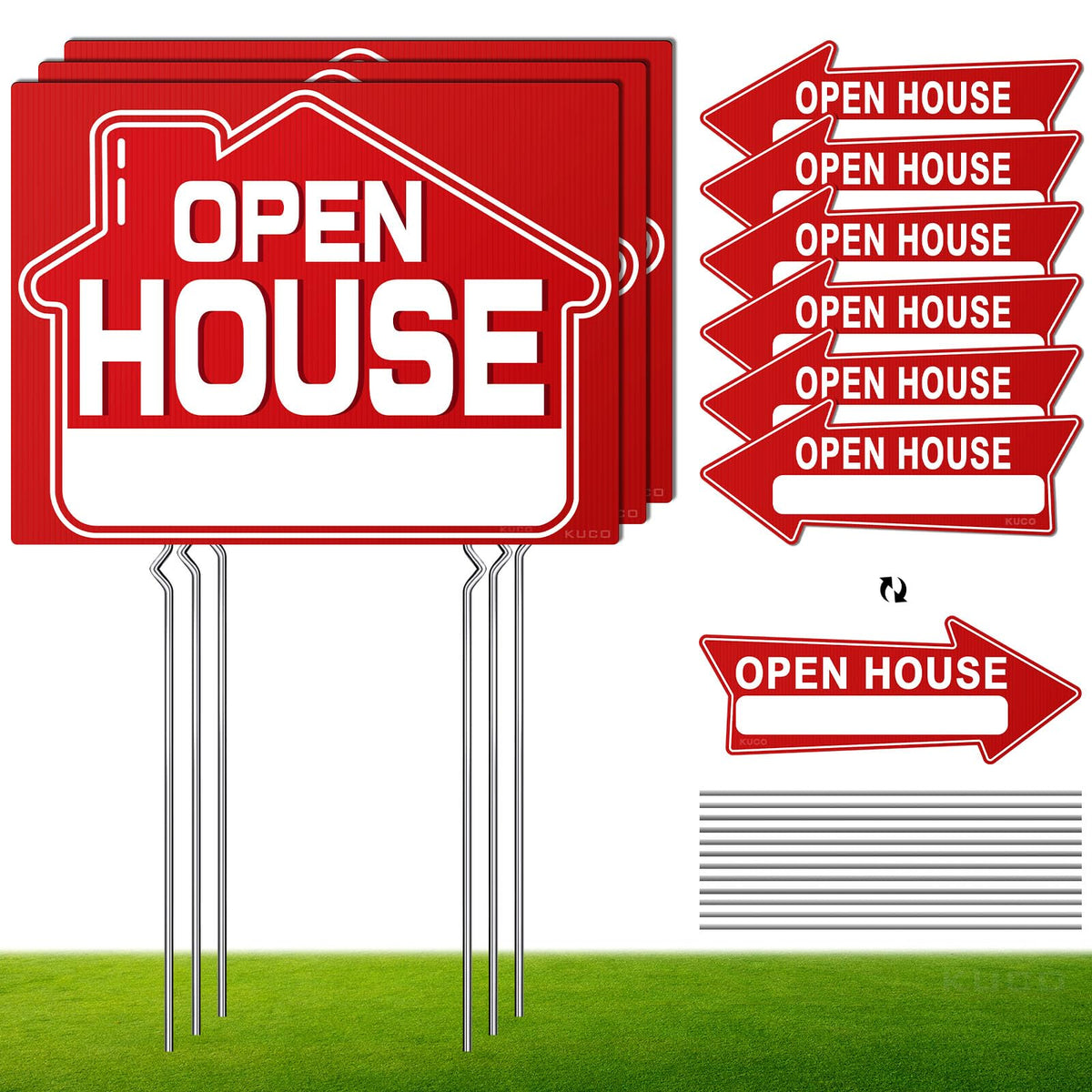 Kuco open house directional arrow sign in red guides buyers to the property.