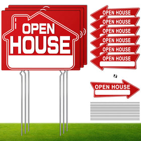 Kuco open house directional arrow sign in red guides buyers to the property.