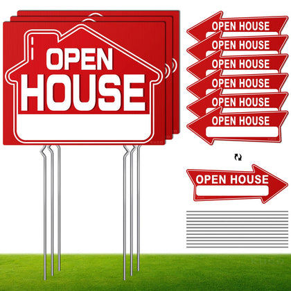Kuco open house directional arrow sign in red guides buyers to the property.