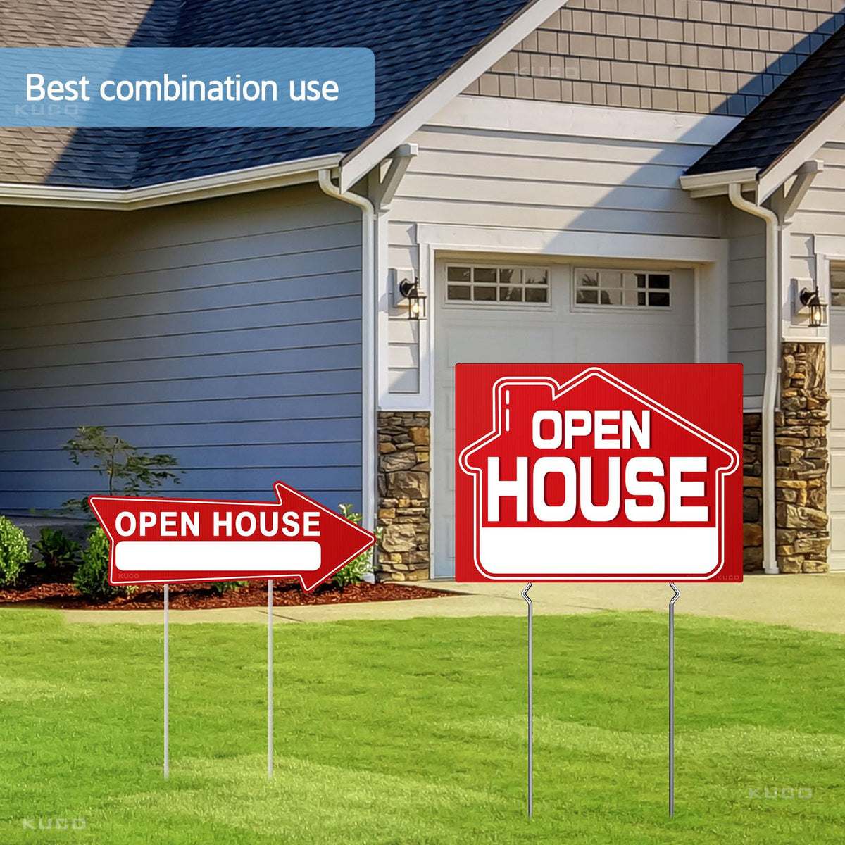 Kuco open house large red double-sided sign increases yard visibility.