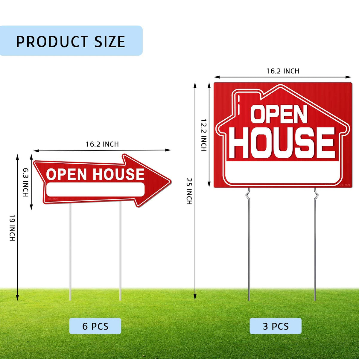 Kuco open house sign with durable stake improves outdoor stability.