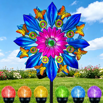 KUKEO 60-inch solar wind spinner with double-sided sunflower butterfly design for vibrant yard decor.