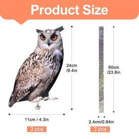 Kungfu Mall Bird Scare Owl with reflective tape increases visibility.