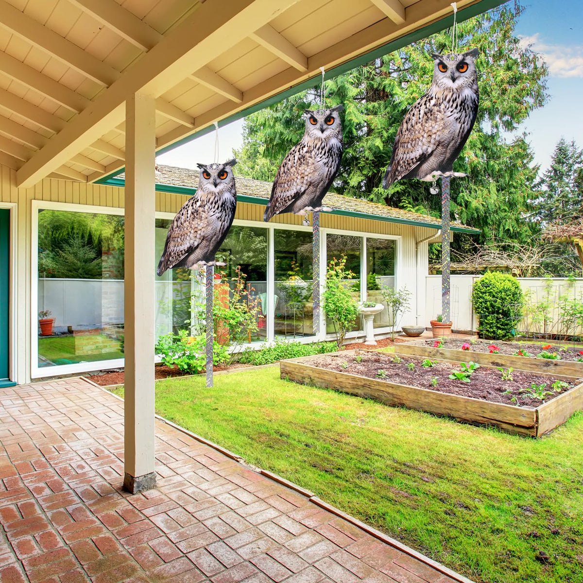 Kungfu Mall Bird Scare Owl is weatherproof for year-round use.