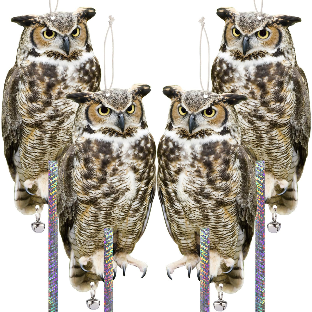 Kungfu Mall fake owl hanging deterrent with reflective tape to deter pigeons