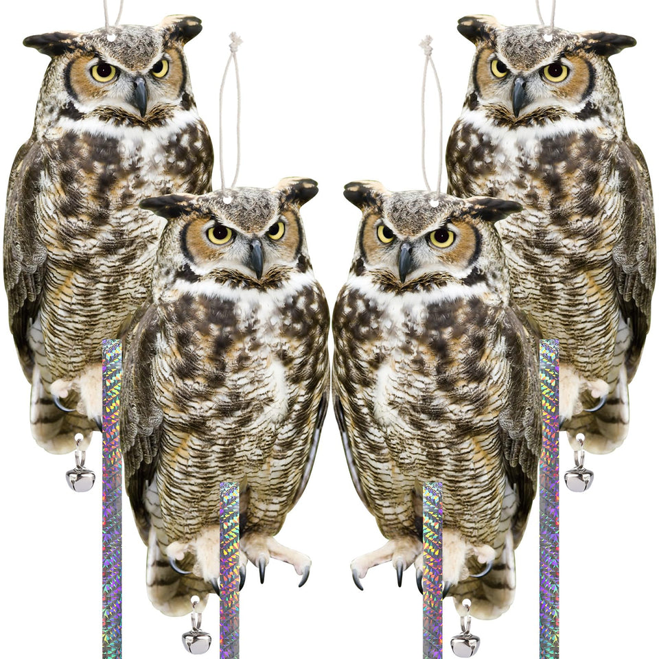 Kungfu Mall fake owl hanging deterrent with reflective tape to deter pigeons