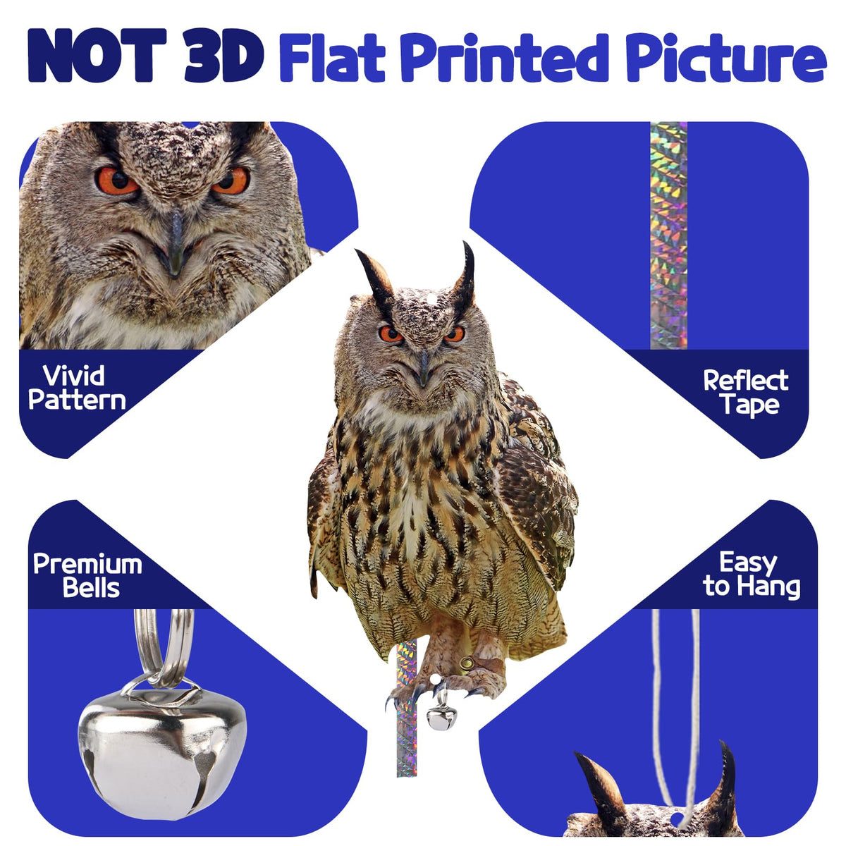 Kungfu Mall garden owl with reflective tape catches sunlight to deter intruders.