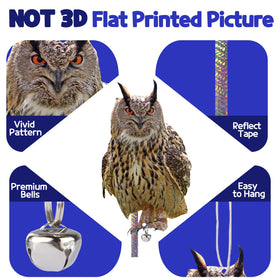 Kungfu Mall garden owl with reflective tape catches sunlight to deter intruders.