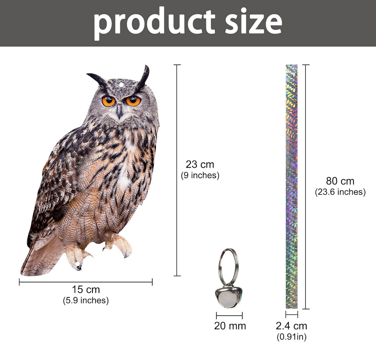 Kungfu Mall owl with reflective tape deters pigeons on patios.