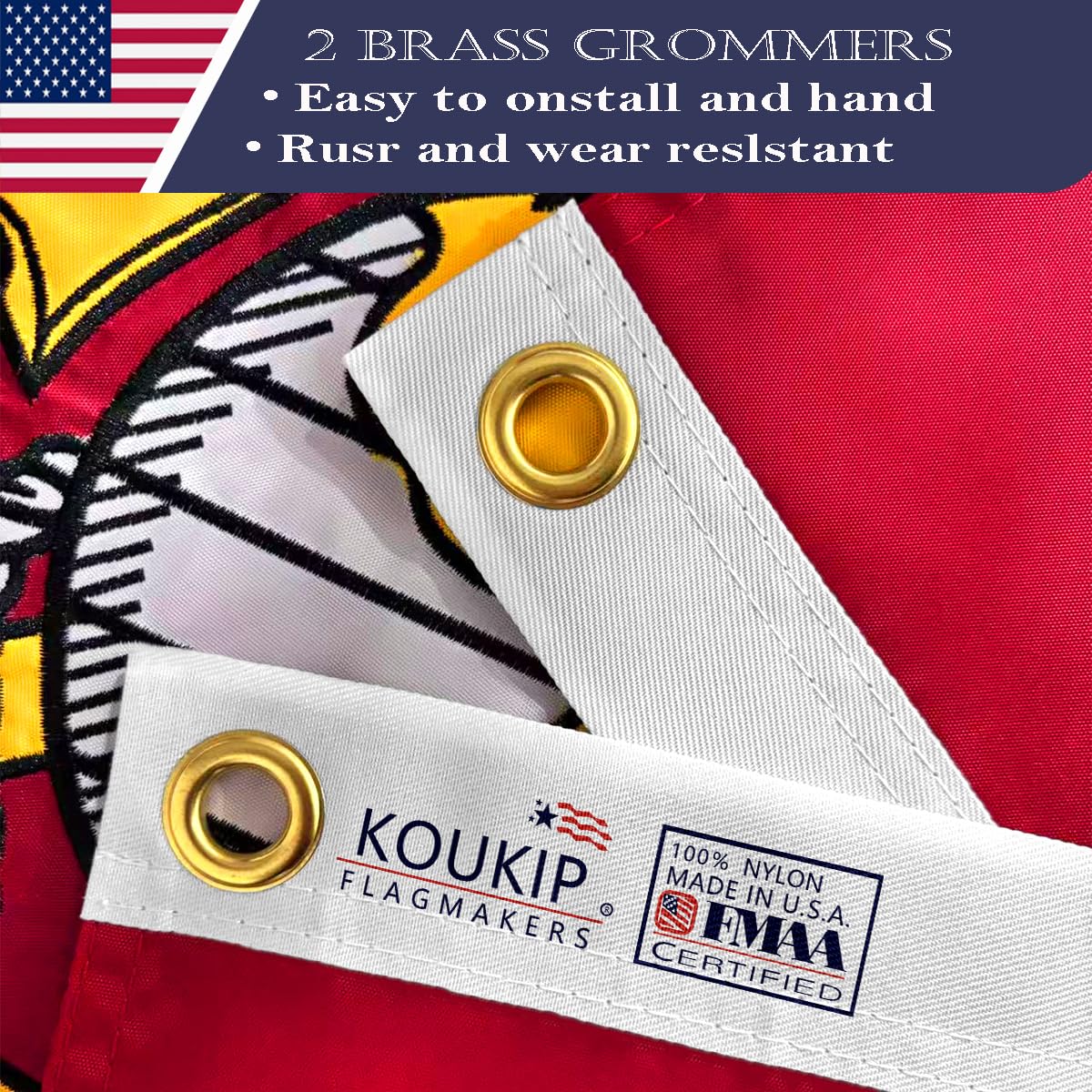 KUOKIP USMC flag features a white starter tape and brass latches for easy mounting.