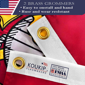 KUOKIP USMC flag features a white starter tape and brass latches for easy mounting.