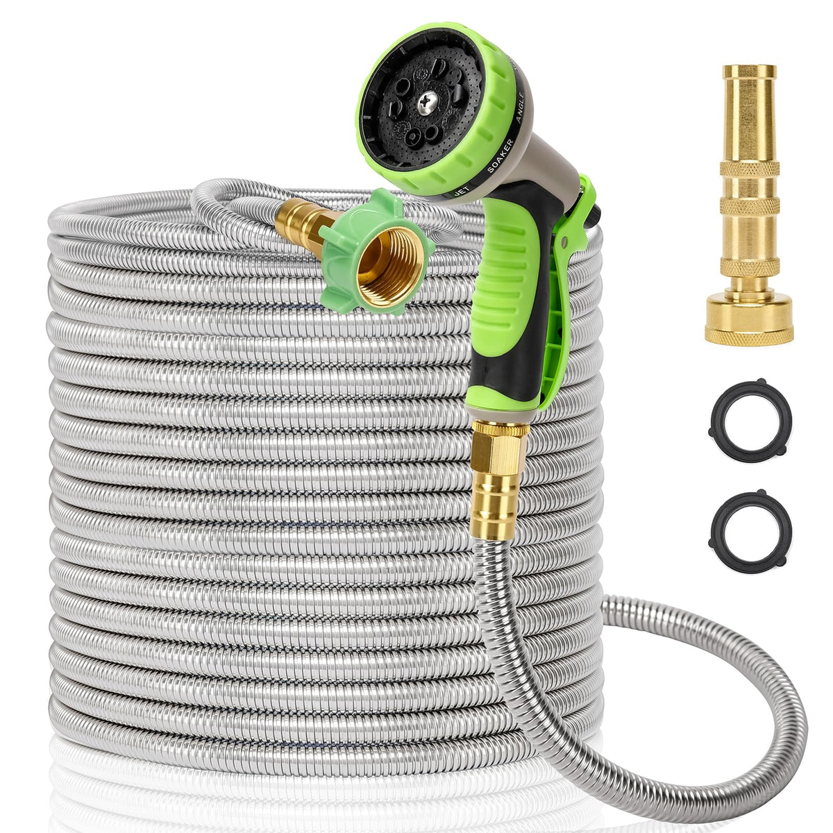 Kuosdaz metal garden hose 75ft showcases rugged stainless steel for lasting durability.
