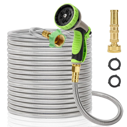 Kuosdaz metal garden hose 75ft showcases rugged stainless steel for lasting durability.