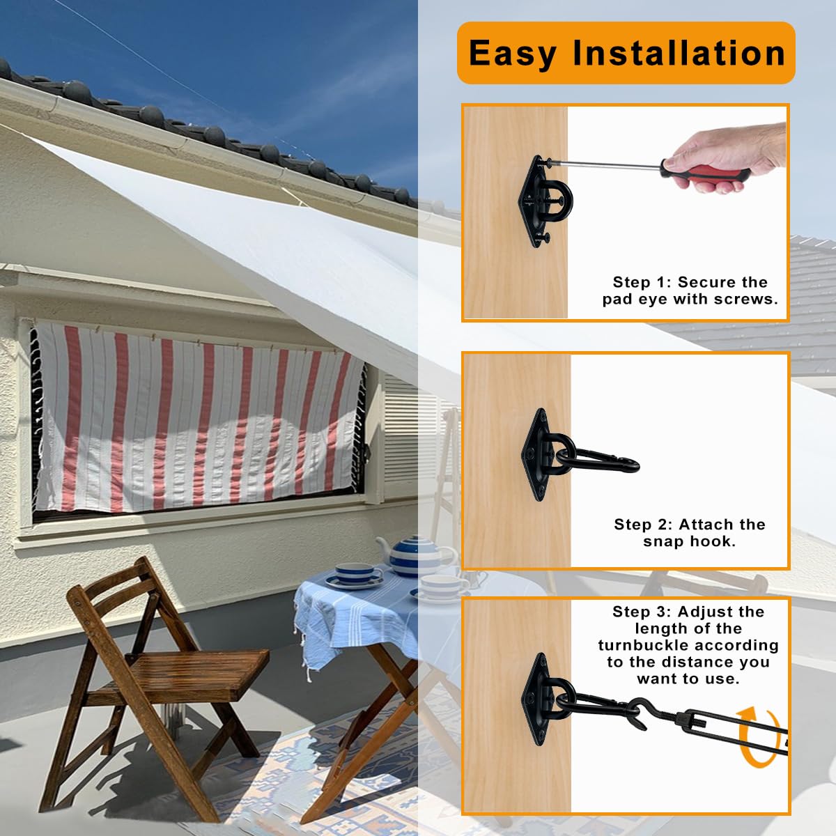 KUPAO universal compatibility for triangular or rectangular shade sails.