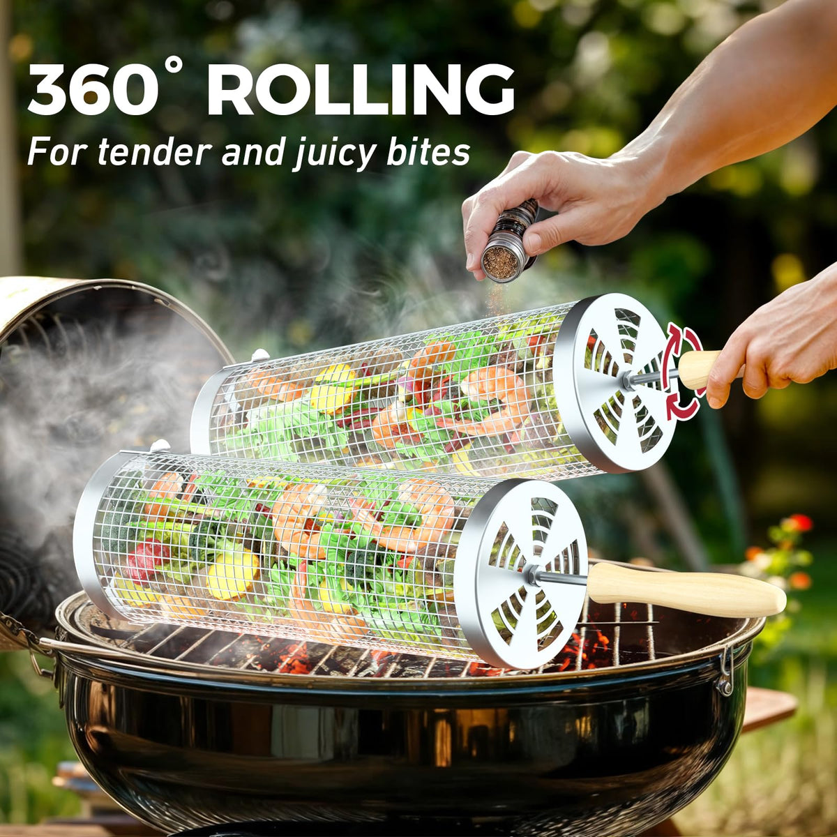 KUQIHUG rolling grill basket 360-degree rotation for even grilling