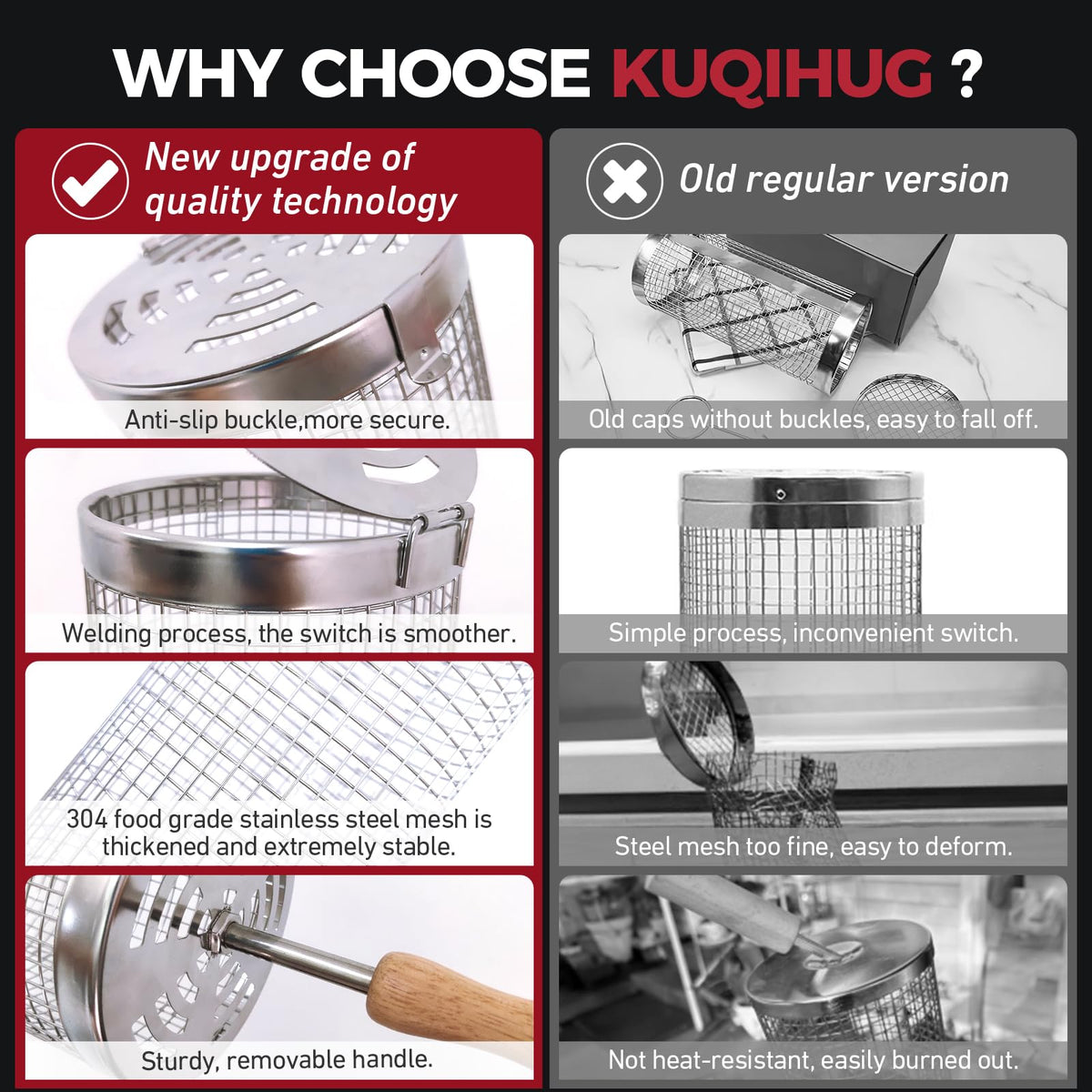 KUQIHUG rolling grill basket easy to clean with snap-on design
