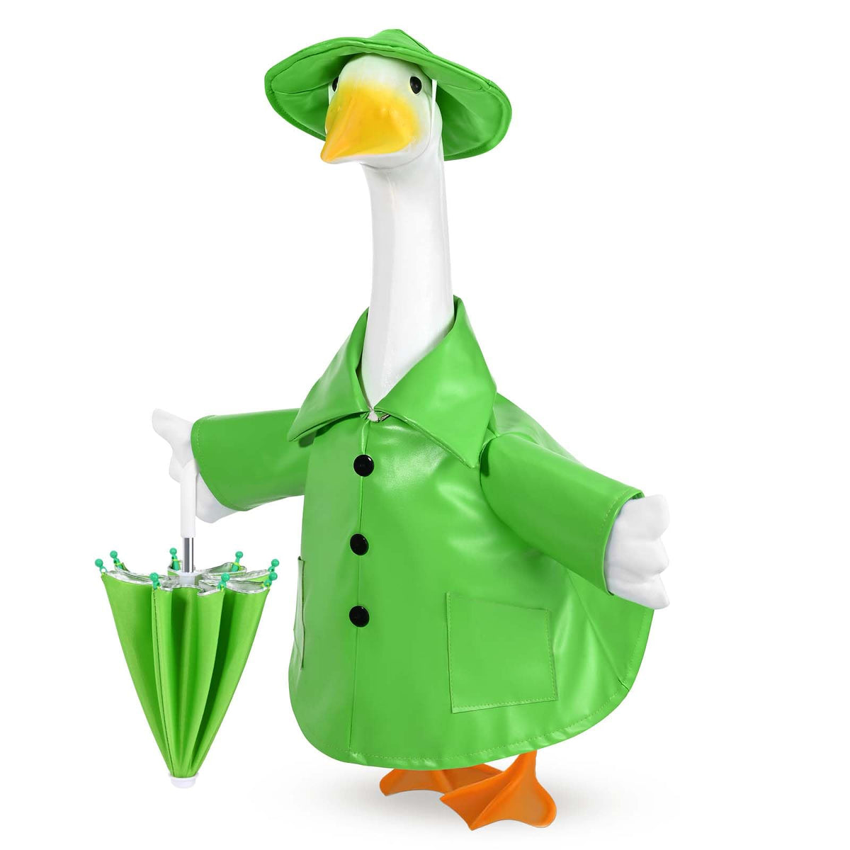 Kuscul raincoat goose with umbrella hat adds playful outdoor charm for a garden display.
